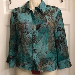 Sheer Button Down Blouse Teal & Brown Small